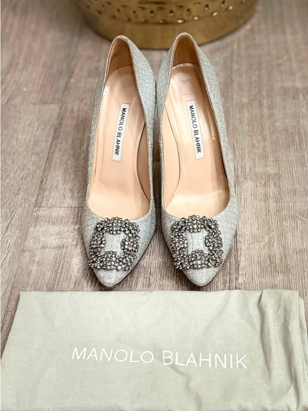 Manolo Blahnik Silver Crystal-Buckle Pointed Toe Pumps